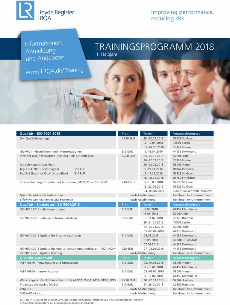 Das LRQA – Trainingsprogramm 2018 steht für Sie bereit – aktuell mit 10% Rabatt auf Ihre persönliche Weiterbildung!